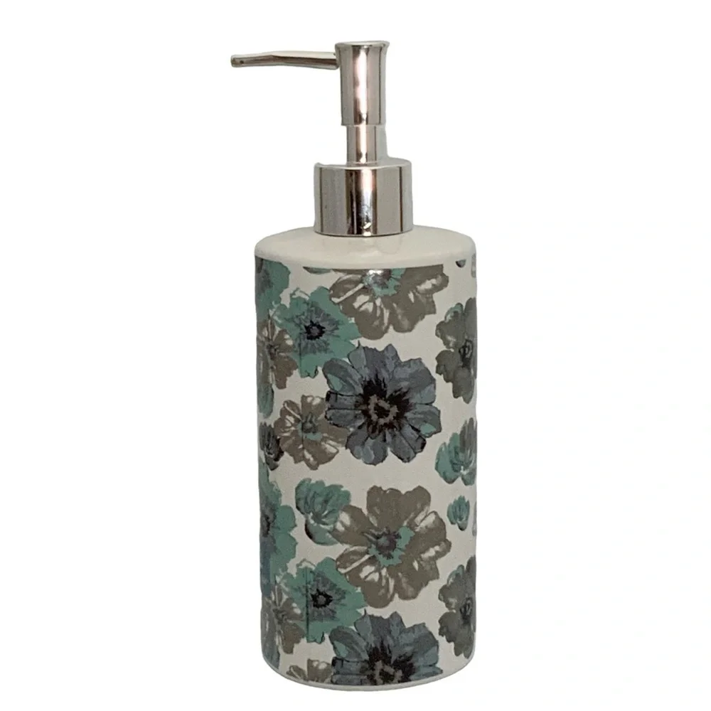 Sunburst Blue Grey Moth Clay Floral Ceramic Soap Lotion Dispenser 16 Oz